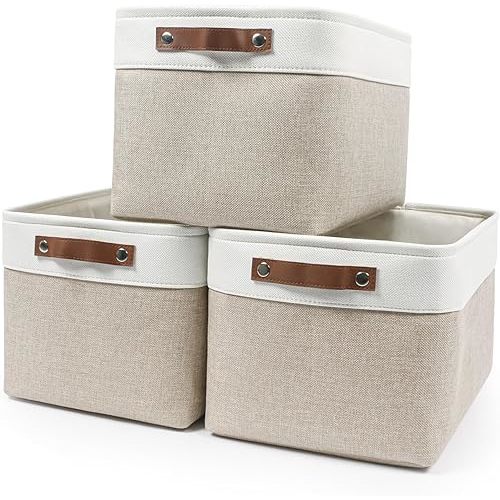 Bagnizer Storage Bins Large Fabric Storage Baskets for Shelves 3 Pack, Decorative Linen Closet Baskets with Handles for Organizing, Shelf, Clothes, Home, Office, 15x11x9.5Inches (Beige&White)