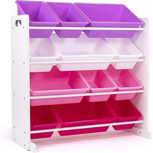 Humble Crew Toy Storage Organizer with 12 Removable Storage Bins for Kids Playroom, 4-Tier Toddler Toy Organization, White/Purple/Pink