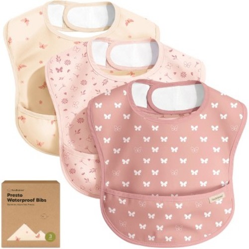 KeaBabies 3pk Presto Baby Bibs Waterproof with Food Catcher, Lightweight Toddler Bibs for Eating, Baby Boys & Girls