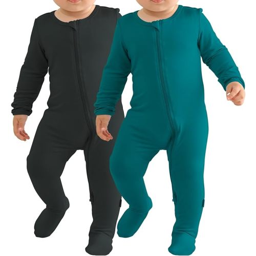 Baby 2 Pack Long Sleeve Bamboo Rayon Romper One-Piece Double Zipper Footies | Soft, Breathable, Stretchy, Skin Friendly, Quick Dry, Comfy, Gentle, Newborn, Sleepers, Pajamas, Infant, Non-Slip, Snug Fit