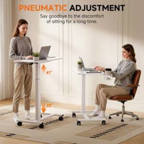 Standing Laptop Desk with Lockable Wheels 28 in. W x 16 in. D White Adjustable Overbed Bedside Desk Table