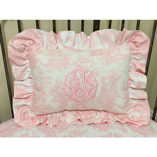 Toile Accent Pillow with Ruffle, Nursery Pillow, Bedroom Accent Pillow, Personalized Toile Pillow, Pink, Blue, Green, Lavender Toile