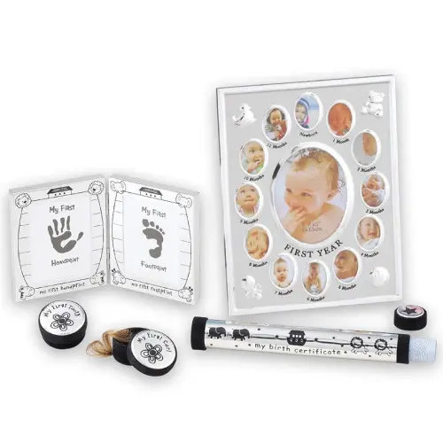Collections Etc Baby Keepsake 5-Piece Silver-Tone Gift Set for First Year with Frame, First Tooth, Lock of Hair, Footprints & Birth Certificate