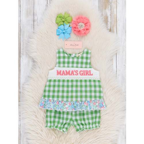Green Gingham Mama's Girl Smocked Bloomers Outfit