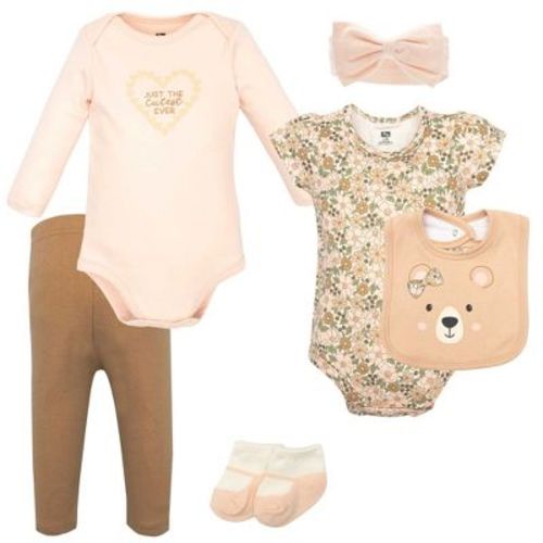 Hudson Baby Infant Girls Cotton Layette Set, Floral Brown Bear, 0-3 Months
