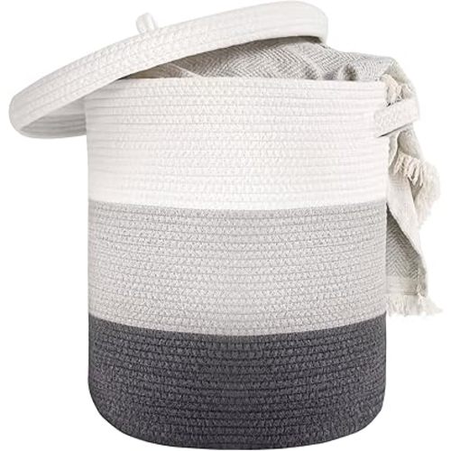 Large Storage Basket with Lid 60L, 16"Wx18"H Woven Laundry Basket with Lid Cotton Laundry Basket, Wicker Basket Blankets Pillows Storage in Living Room Baby Nursery, Dark Gray/Gray/White Mix with Lid