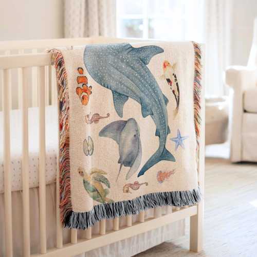 Under the Sea Baby Blanket Woven Gender Neutral Baby Blanket Marine Life Crib Bedding Newborn Baby Shower Gift Sea Animal Throw Photo Prop
