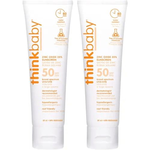 Thinkbaby SPF 50 plus Baby Mineral Sunscreen – Safe, Natural Sunblock for Babies - Water Resistant Sun Cream – Broad Spectrum Sun Protection – Vegan Baby Sunscreen Lotion, 3 Oz, Pack of 2
