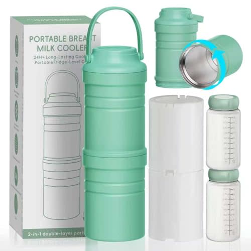 Portable Breast Milk Cooler Bottle, 2-in-1 Detachable Travel Breastmilk Chiller, 2 Copper-Plated Liner Breastmilk Storage for 36H, 360° Total Cooling Milk Chiller Bottle with 2 Bottles-22oz