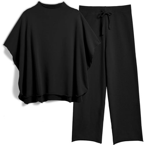 Women's Two Piece Outfits 3/4 Batwing Sleeve Capelet Crew Neck Pullover Top Wide Leg Pants Lounge Set