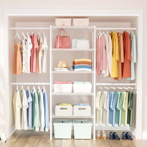 Ulif M2 Wall Mount 4-Rod Closet Organizer System – Adjustable Garment Rack with 5-Shelf, Expandable 70-106"W Closet System for 5.8-8.8ft Spaces, White