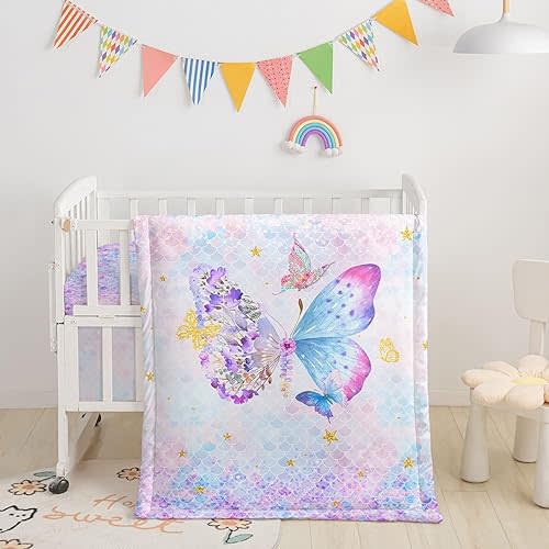 3pcs Crib Bedding Set with Comforter, Sheet & Skirt, Butterfly Mermaid Scales Printed Nursery Bedding for Baby Boys & Girls (Butterfly Pink)