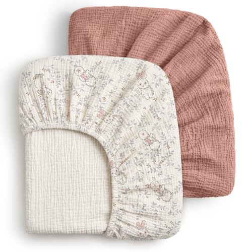Blissful Diary Muslin Crib Sheets, 2 Pack, Blush Bunny Floral & Dusty Pink | fitted for 52''x28'' crib mattress, soft and breathable cotton, boho style, easy care for machine wash, gift for boy and girl