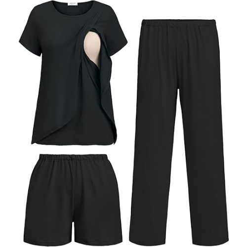 Ekouaer 3 PCS Maternity Nursing Pajamas Set Postpartum Breastfeeding Short Sleeve Shirts, Pregnancy Shorts & Pants Pjs S-XXL