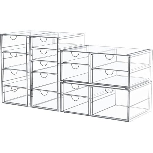 caktraie 4-Pack Acrylic 16-Drawer Storage & Makeup Organizer for Desk | Smooth-glide drawers, clear acrylic, stackable, dustproof, wipe clean, for office supplies, pens, jewelry, makeup