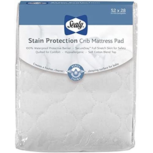 Sealy Stain Protection Waterproof Fitted Toddler Bed and Baby Crib Mattress Pad Cover Protector, Noiseless, Machine Washable and Dryer Friendly, 52" x 28" - White