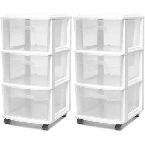 HOMZ 2-Pack Drawer Tower, 3-Tier Clear Plastic Storage Organizer Cart, White Frame - Organizing Containers with Wheels for Home, Bathroom, Bedroom, Office, and Classroom