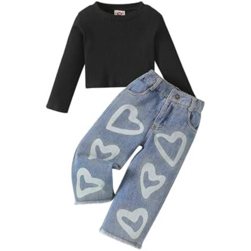 Toddler Girls Clothes 2T 3T 4T 5T 6T Ribbed Baby Kids Girl Denim Outfits Long Sleeve Tops Love Hearts Jeans Pant