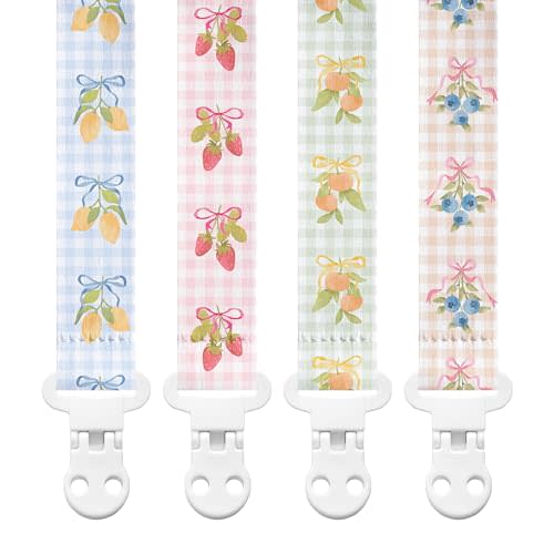 Stadela Baby Fabric Pacifier Clip Holder, Plastic Clip, 4‑Pack, Fruits Pattern, Clementine Set