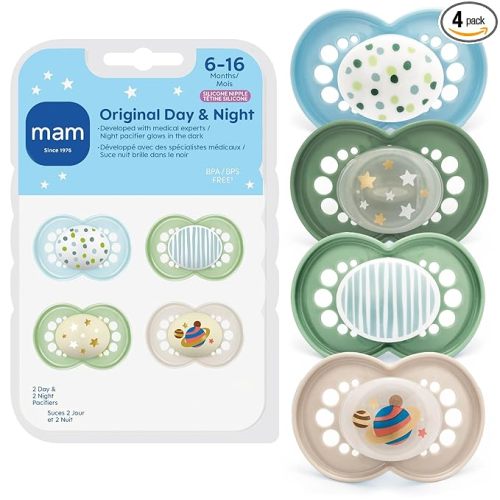 MAM Original Baby Pacifiers 6-16 Months, Binky for Newborn Babies, BPA-Free Skin Soft Silicone Nipple, Glows in The Dark, Developed with Medical Experts, 4 Count, Made in Europe