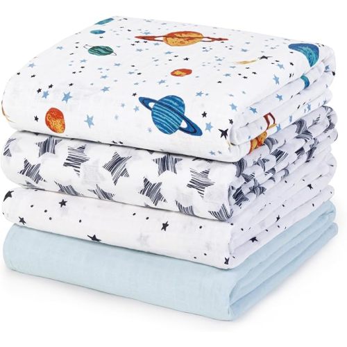 david's kids 4 Pack Baby Muslin Swaddle Blankets, 100% Cotton and Ultra Soft Breathable Receiving Blanket Wrap for Boys Girls, New Born Essentials, Large 47 x 47 inches, Space&Stars