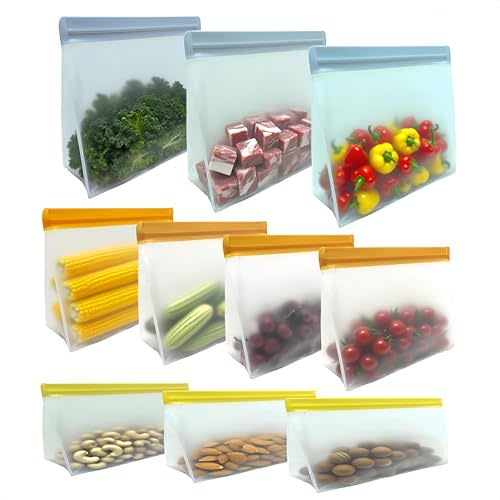 OBATUWGP 10 Pack Freezer Bags Dishwasher Safe, BPA-Free and Leakproof Reusable Gallon Bags for Marinate Meats Vegetables, Standing Up Design Reusable Food Storage Bags, 3 Gallon, 4 Sandwich, 3 Snack