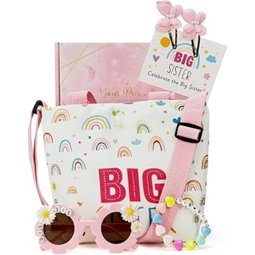 Big Sister Gift Set for Girls - Canvas Tote Bag, Bracelet, Sunglasses, Butterfly Hair Clips - Road Trip & Family Travel Essentials - Sibling Announcement - 4PCS