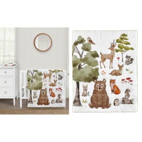 Sweet Jojo Designs Boy Girl Gender Neutral Unisex Baby Mini Crib Bedding Set - Watercolor Woodland Forest Animals Orange Green and Brown 3pc