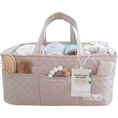Lily Miles Baby Diaper Caddy Organizer, Quilted Nursery Storage Organizer for Newborn Essentials and Diaper Changing Station, Gift for Baby Shower and Registry Must-Have (Soft Sand)