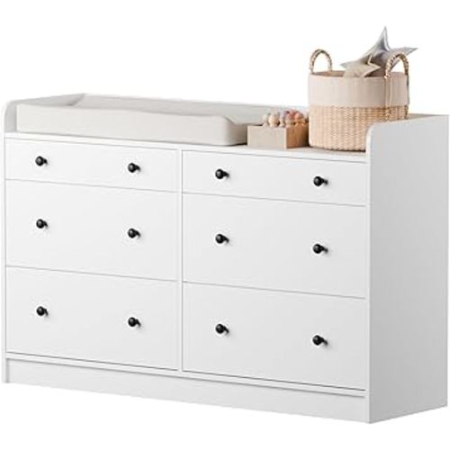 Cozy Castle Baby Dresser with 6 Drawers and Large Table Top, Multi-Functional Chest of Drawer, Drawer Dresser with Three-Sided High Rails for Nursery, Children's Room, Bedroom, White
