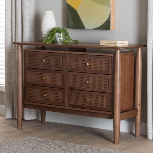 Bayou Breeze Caasi Japandi Walnut Brown Wood 6-Drawer Dresser | Wayfair