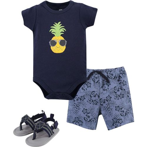 Hudson Baby Unisex Baby Cotton Bodysuit, Shorts and Shoe Set