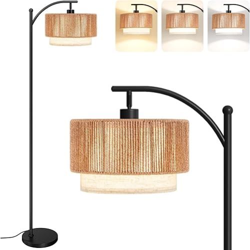 SUNMORY Floor Lamps for Living Room with 12W LED Bulb, Arc Floor Lamp with 3 Color Temperatures, Farmhouse Floor Lamps with Adjustable Rattan & Fabric Shades, Boho Standing Lamp for Bedroom, Corner | Farmhouse Floor Lamps, LED Bulb, 3 Color Temperatures,