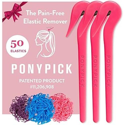 THE PONY PICK Rubber Bands Cutter for Hair Removal - Pain-Free Hair Band Remover - Easy 3 Pack with 50 Colored Elastics