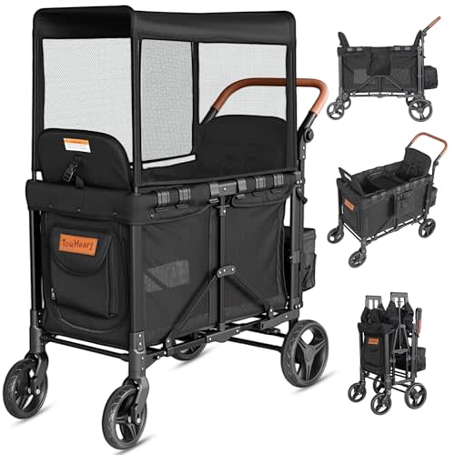Touheart Wagon Stroller for 2 Kids - Double Seater Push Stroller with Canopy | Collapsible Foldable Wagon for Kids Toddlers & Infants with Removable Seat Pads (Black)