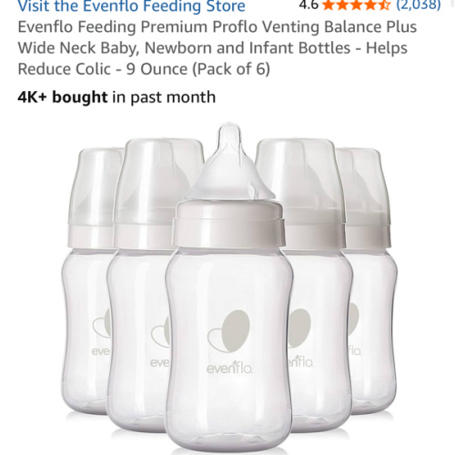 Evenflo Feeding Premium Proflo Venting Balance Plus Wide Neck Baby, Newborn and Infant Bottles - Helps Reduce Colic - 9 Ounce (Pack of 6)