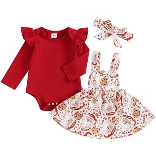 Qiylii Baby Girl Christmas Outfits Red Romper Onesie Santa Milk Pie Suspender Overall Skirt Dress Newborn Xmas Clothes