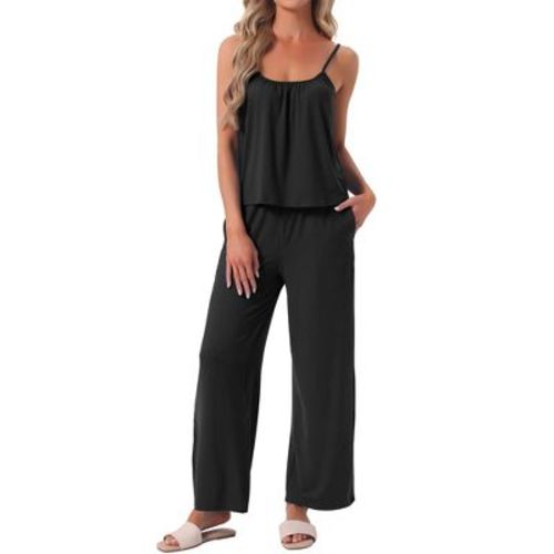 INSPIRE CHIC Women's 2 Piece Lounge Pleated Cami Top Long Pants Knit Stretchy Soft Summer 2026 Pajama Sets with Pockets Small Black