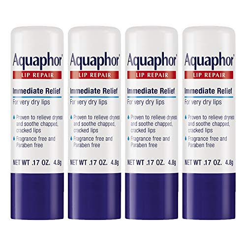 Aquaphor Lip Repair Stick with Jojoba Oil and Shea Butter, Moisturizing Lip Balms, Fragrance Free and Paraben Free, Immediately Relieves Dryness, 0.17 Oz Stick, Pack of 4