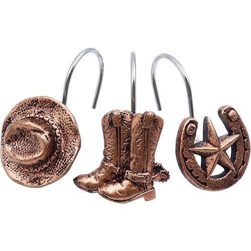 Decorative Shower Curtain Hooks Western Cowboy Farmhouse Shower Curtain Hooks Rings Brown Hanger for Bathroom 12 PCS