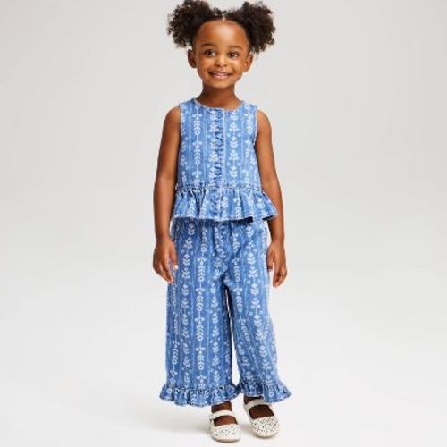 Baby Girls' Floral Ruffle Denim Sleeveless Top & Pants Set 2pc - Cat & Jack™ Medium Wash 18M