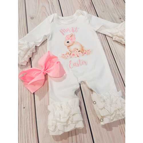 Baby girl Easter outfit, bunny romper, my first Easter outfit, newborn girl clothing, ruffled romper