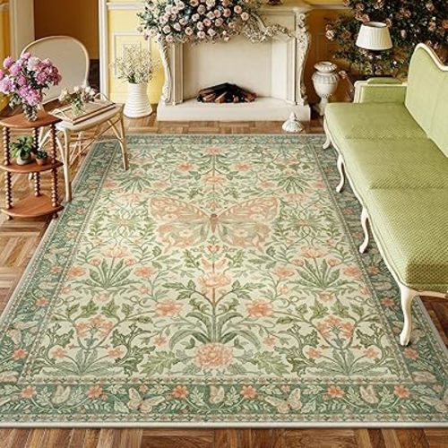 Collive 8x10 Butterfly Rugs for Living Room, Vintage Insect Girls Bedroom Area Rug Washable, Boho Floral Non Slip Large Floor Carpet for Dining Room Kids Room, Grass Green
