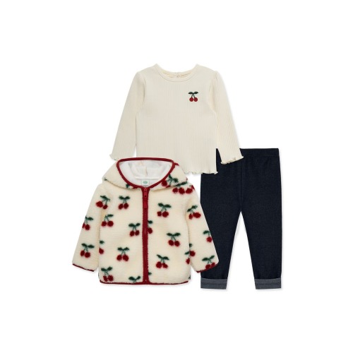 Cherry 3-Piece Rib Top, Knit Pants and Fleece Jacket Set, 12M- Only 1 left