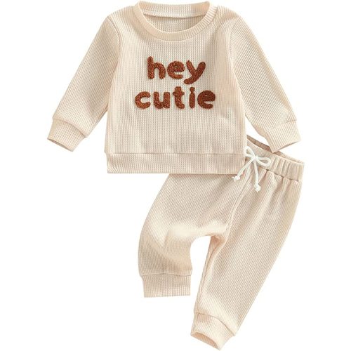 Madjtlqy Toddler Baby Girl Boy Fall Winter Waffle Outfit Set Letter Printed Long Sleeve Sweatshirt Tops + Pants