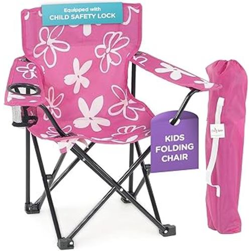 Emily Rose Kids Pink Folding Beach Camp Chair with Cup Holder Safety Lock & Carry Case - Toddler Girls Chair Ages 2-7 Indoor Outdoor Lightweight Portable - Floral Design 125lb Capacity
