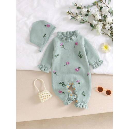 SHEIN Vintaside Kids 2pcs Baby Beige Set: Lace Collar Embroidered Sweater Romper + Hat, Elegant & Sweet Design Puffed Sleeve Baby Outfit Baby Girl Clothes Green Wildflower Baby Clothes Floral Baby Clothes Baby Sweater Romper Baby Girl Jumpsuit Baby Girl L