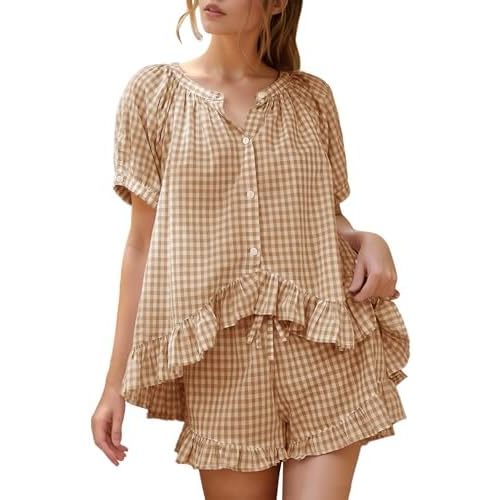 Flygo Womens Gingham Pajamas Set 2 Piece Cotton Pj Lounge Sets Puff Sleeve Ruffle Babydoll Shirt Shorts Summer Outfits