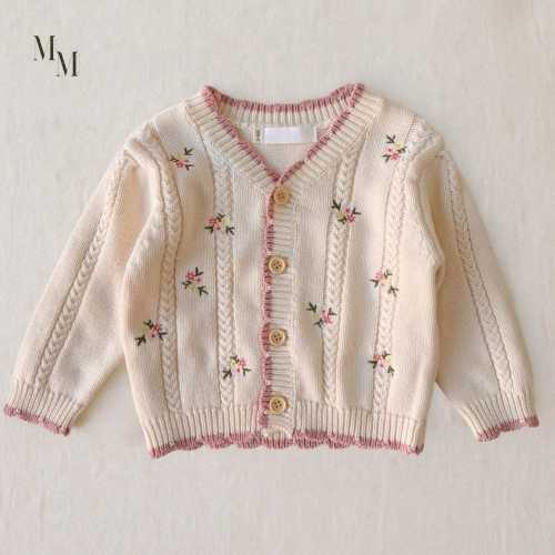 Baby Cotton Cardigan Floral Embroidery Wooden Button Cream Sweater Infant Knitwear Cable Knit Toddler Outfit Newborn Clothing Girl