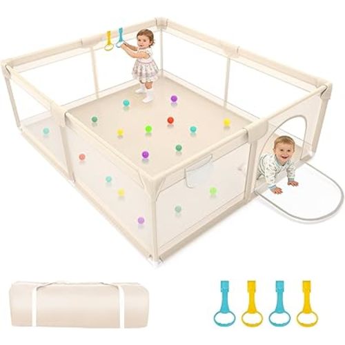 Playpen for Babies and Toddlers 79x71inch - Extra Large Baby Gate Play Pen with Soft Breathable Mesh Cover - Indoor and Outdoor Baby Playard - Portable Playpen for Babies (Apricot)